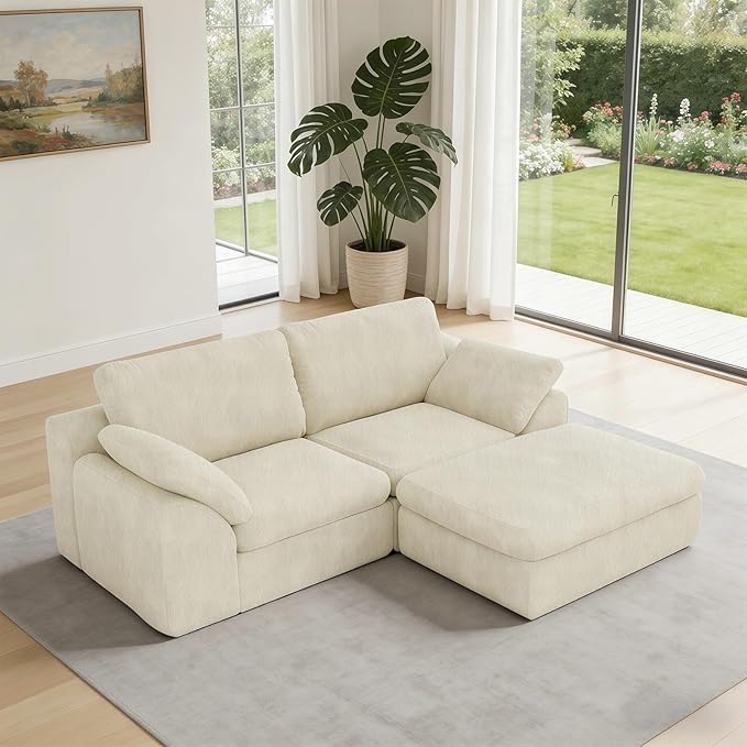 Cloud Sectional Couches 78.8 L-Shape Sofa with Ottoman Deep Seat Modular Sectional Couch Comfy Boneless Couch for Living Room &amp Bedroom Sherpa Fabric White