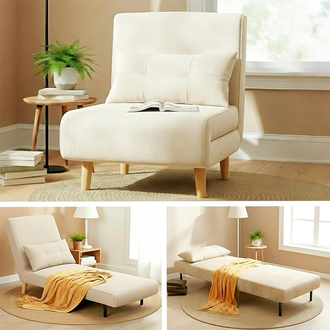 Ahomly 3 in 1 Convertible Sleeper Chair Sofa Chair for Adults with 6 Angle Adjustable Backrest Single Sleeper for Living Room/Apartment/Office Beige