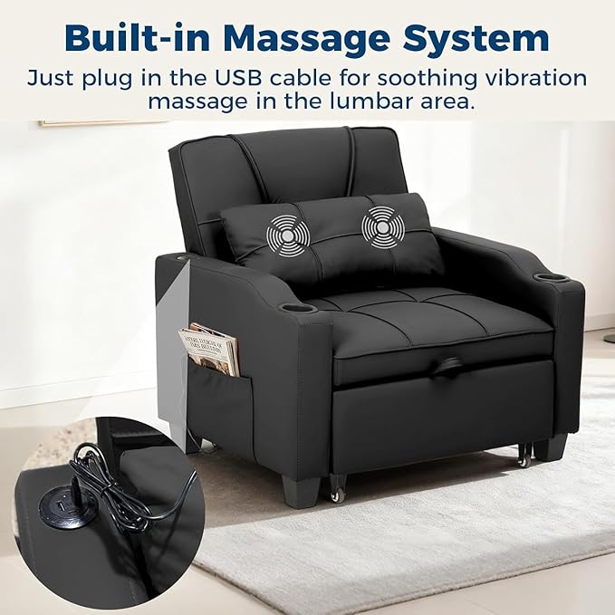 Sleeper Chair Pull Out Bed 4 in 1 Convertible Sofa Chair Bed with Vibration Massage Lumbar Pillow Single Sofa Recliner with USB/Type-C Port Cup Holders and Side Pocket for Small Spaces (Black)