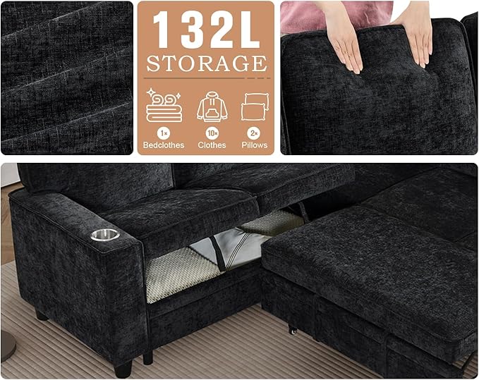 81 L Shaped Sleeper Sofa Couch with Pull Out Sofa Bed Oversized Convertible Sleeper Bed with Storage USB Ports &amp Cup Holder Sectional Couches for Living Room (Charcoal Grey)