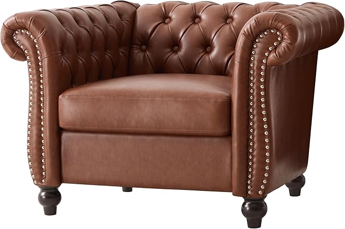Merax Chesterfield Club Chair with Scrolled Arms and Nailhead Trim Mid Century Modern Single Sofa Chair with Solid Wood Legs Faux Leather Rolled Armchair for Living Room