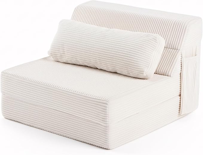 Folding Sofa Bed with Pillow Convertible Sleeper Chair Comfy Floor Futon Couch Mattress Lounge Sofa for Adults Portable Fold Out Chair Bed for Living Room Bedroom Single Beige