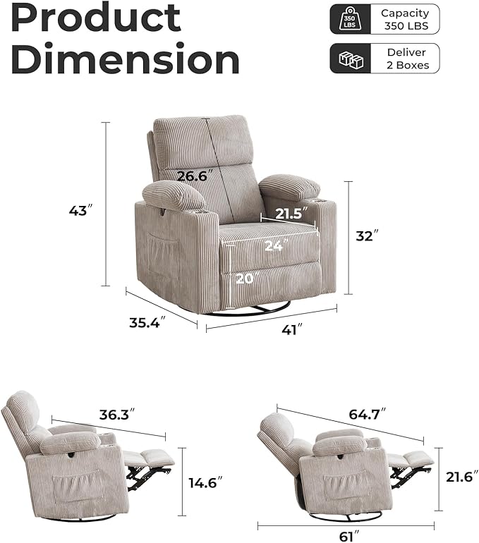 Power Recliner with Adjustable Armrests Rocking Chair Nursery with Massage and Heat Electric Glider Recliner Nursing Chair for Breastfeeding Swivel Rocker Recliner Corduroy Grey
