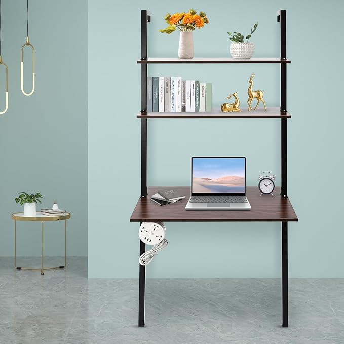 2-Shelf Industrial Wall Mount LadderWall Mount Computer or Writing Desk Computer Laptop Desk with ShelvesFloating Desk with Storage Wall Table for Home Office Black (20 Dx30 Wx72.5 H)