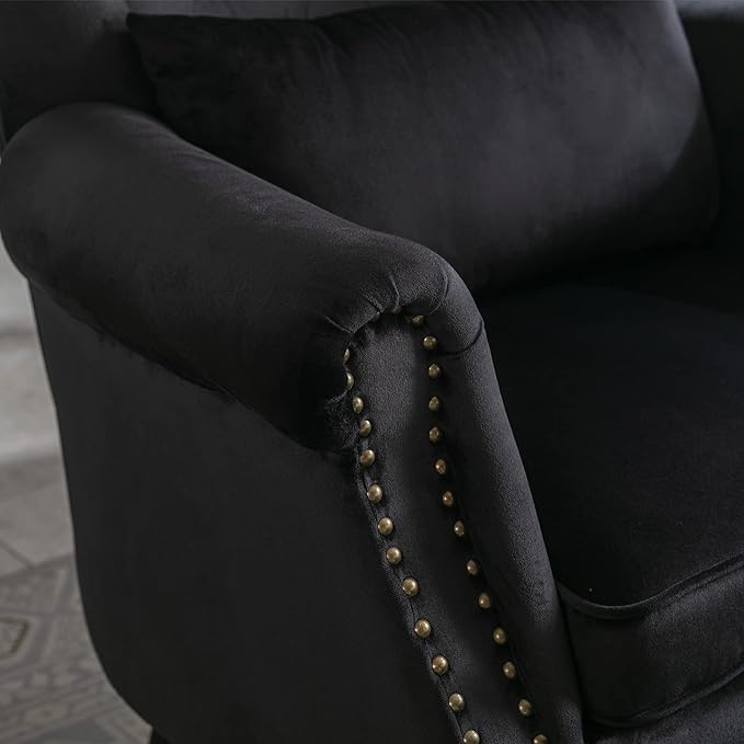 chairus Mid-Century Modern Accent Chairs with Ottoman Set of 2 Comfy Velvet Single Sofa Chair Button Tufted Wingback Armchairs with Pillow for Living Room/Bedroom/Club - Black
