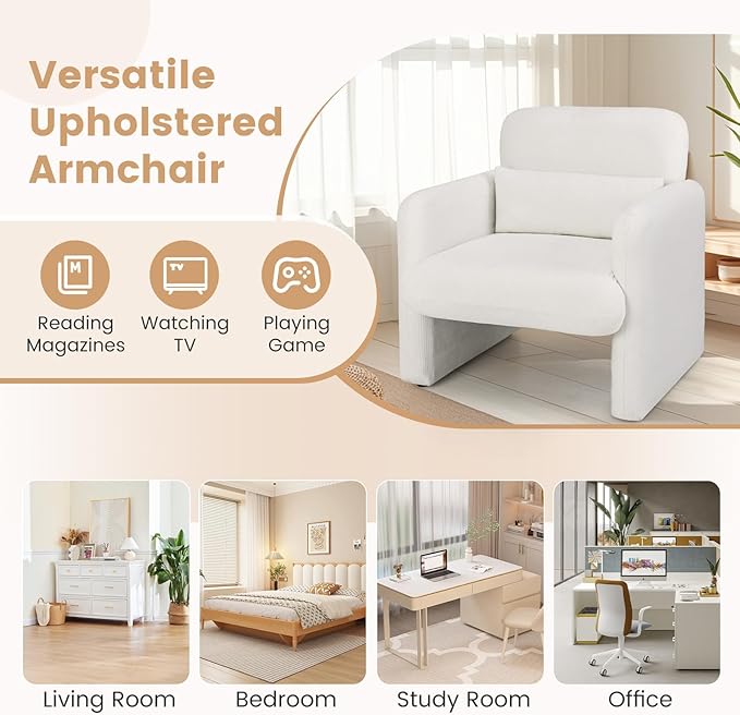 KOMFOTT Chenille Accent Chair Set of 2 Modern Upholstered Armchair with Removable Lumbar Pillow Widened Backrest &amp Thick Seat Cushion Comfy Single Sofa Chair for Living Room Bedroom White
