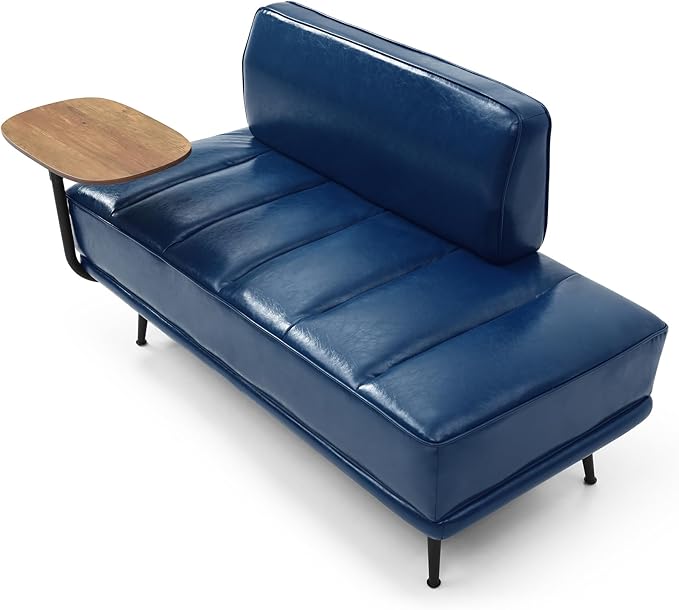 Modern Upholstered End of Bed Bench with 360-Degree Swivel Tray 2 Seater Sofa Couch with Side Table Settee Bench with Metal Legs Backrest for Living RoomEntrywayFoyer (PU-With Tray Navy)