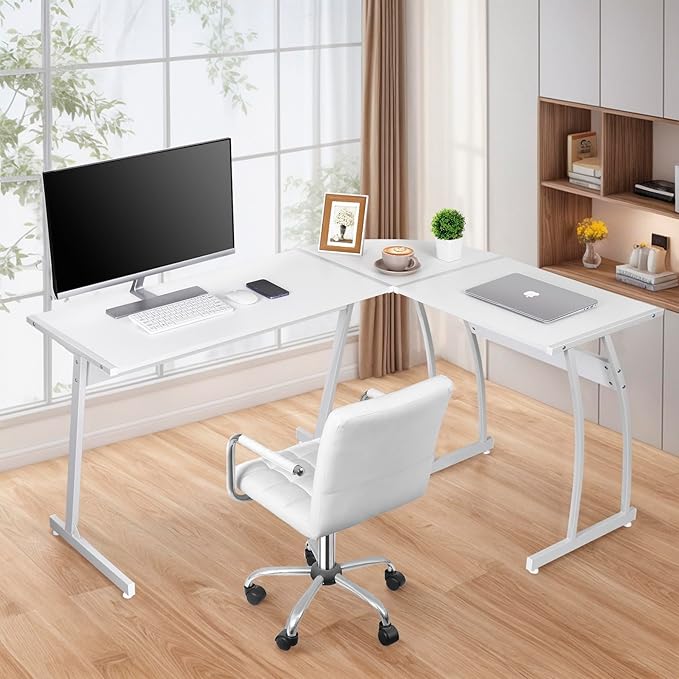 ZenStyle 55 L-Shaped Corner Computer Desk - Sturdy Steel Frame &amp Waterproof Surface White Wood Grain Design for Home Office Gaming &amp Multipurpose Workstation