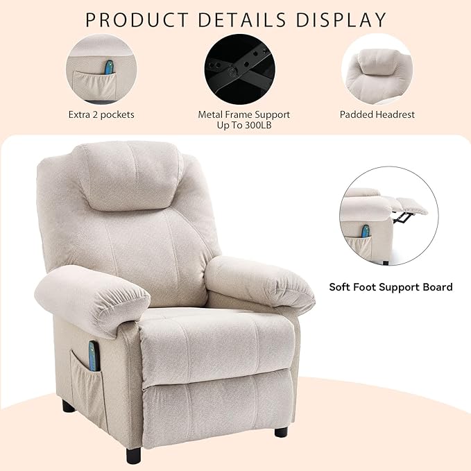 KCREAM Recliner Chair with Massage and Heat Mid Century Overstuffed Manual Reclining Chair Heated Massaging Recliner Chair for Small Places White