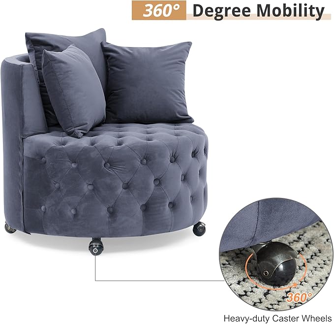 GNIXUU Swivel Barrel Accent Chair 30” Modern Velvet Round Sofa Chair with 3 Pillows and Wheels Comfy Tufted Club Lounge Chair for Living Room Bedroom(Blue Gray).