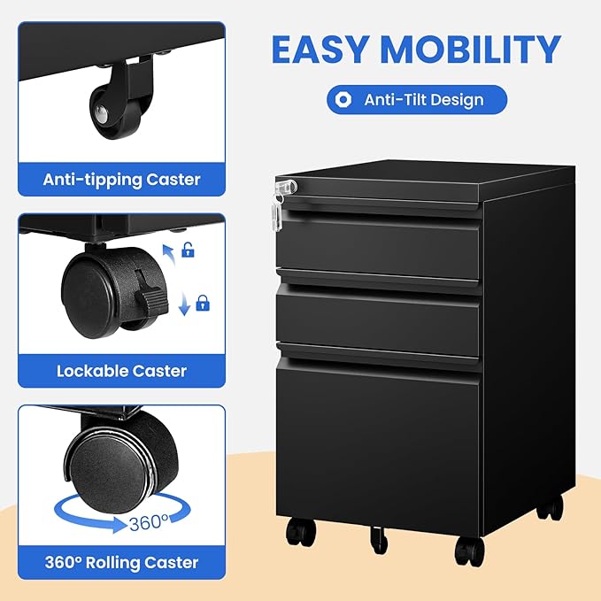 MIIIKO File Cabinet 3 Drawers on Wheels Under Desk Black Metal Rolling File Cabinets with Lock for Home Office Un-Assembled Filing Cabinet with Lock