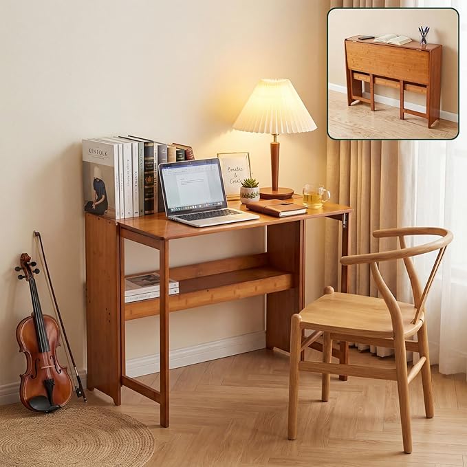 41'' Bamboo Folding Desk with Bookshelf Space-Saving Computer Desk Mid Century Modern Foldable Study Table for Home Office Bedroom Small Spaces - Brown