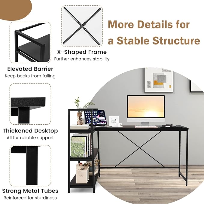 Tangkula Reversible L-Shaped Computer Desk Space Saving Corner Desk with 3-Tier Storage Shelves &amp Metal Frame Modern Executive Home Office Desk PC Laptop Desk Workstation for Small Space (Black