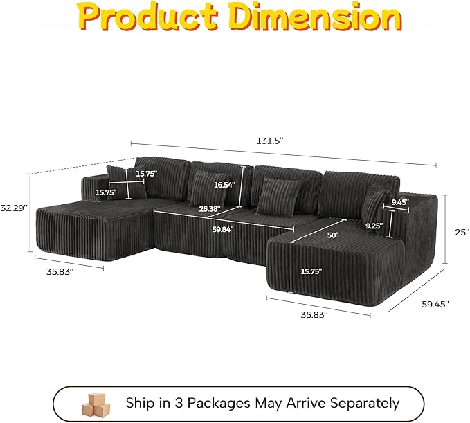 132 U Shaped Boneless Couch Cloud Sectional Modular Sofa with Double Chaise Lounge Corduroy Cloud Couch with Pillows &amp Deep Seat Boneless Sofa for Living Room Grey