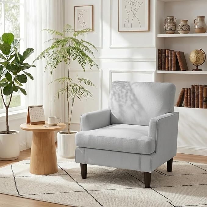Kromax Accent Chair for Living Room No Screws Assembly Required Mid-Century Reading Chair for Bedroom Comfy Upholstered Armchair with Sturdy Legs Single Sofa Chair for Apartment Grey