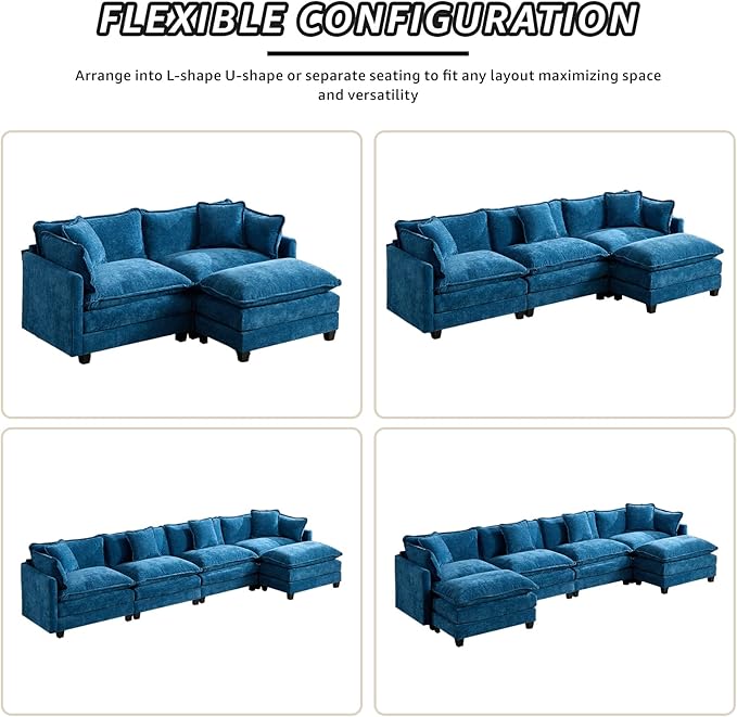 113.8 Modern Sectional Couches for Living Room Blue Chenille Comfy Cloud Couch Sectional 3 Seater Couch for Living Room with 2 Ottoman Sofas para Sala U Shaped Sofas &amp Couches (Blue 3+2 Set)
