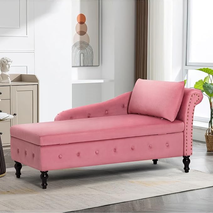 Upholstered Chaise Lounge with Right Armrest &amp Lumbar PillowButton Tufted Lounge Sofa with StorageLounge Chair IndoorModern Velvet Lounge Chair for Bedroom Living Room and OfficePink