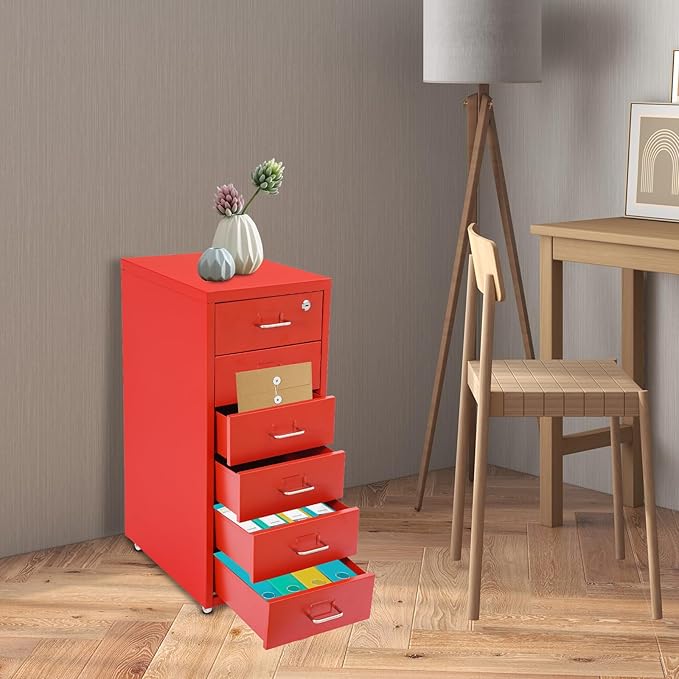 6-Drawer Metal File Cabinet Mobile File Cabinet with Lock Rolling Vertical Filing Drawers Under Desk for Home Office 11 * 16 * 27in (Red)