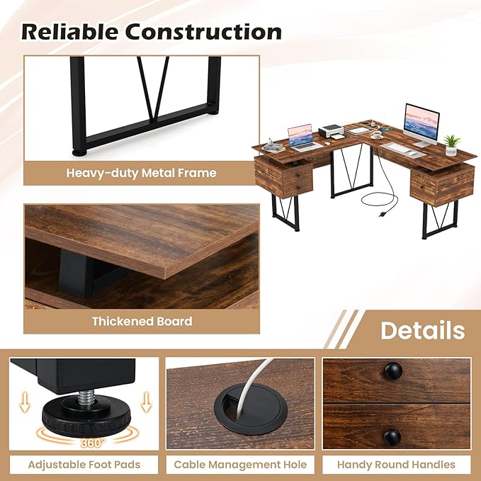 Tangkula 59 L-Shaped Office Desk with 3 Drawers &amp Charging Station Corner Computer Desk with Sturdy Metal Frame Industrial Home Office Computer Workstation for Working Studying (Rustic Brown)