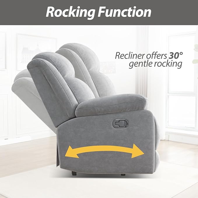 2Pcs Manual Rocker Recliner Chair Comfy Short Plush Glider Rocking Recliner with Overstuffed Lumbar Support Upholstered Reclining Sofa Chair for Living Room Grey
