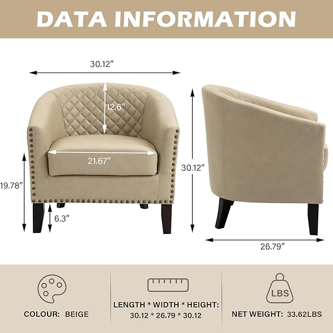 UIXE Faux Leather Accent Chair Barrel Club Chair Upholstered Armchair for Living Room Comfy Modern Round Arm Chair Bedroom Reading Seat - Beige