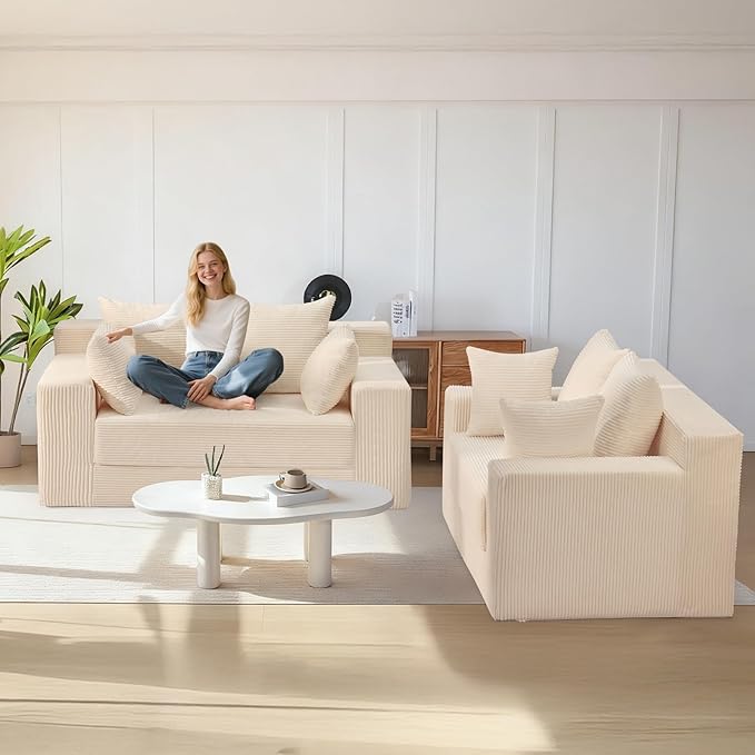 Convertible Sofa Bed Boneless Couch Loveseat Sleeper 2 in 1 Folding Couch Bed Fold Out Comfy Floor Futon Sofa with Pillows for Living Room Bedroom Beige