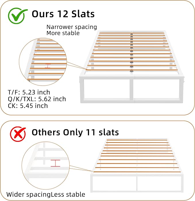 King Size Bed Frame 18 Inch Metal Platform Bed Frames with Squeak Free U-Slot Design 6 Non-Slip Guards 3500lbs Heavy Duty Steel Slat Support No Box Spring Needed Under Bed Storage White