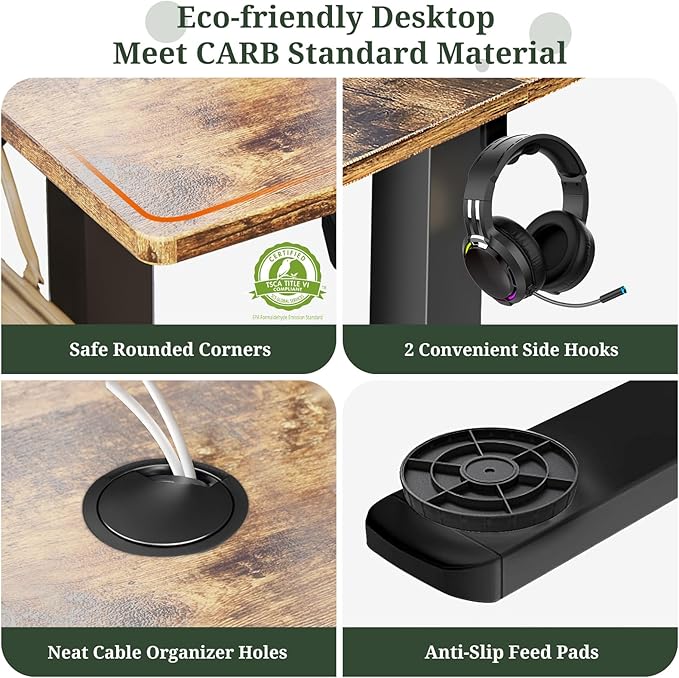 55 x 24 in Electric Standing Desk - Memory Height Adjustable Ergonomic Sit-to-Stand Rising Computer Table Gaming Workstations with 2 Hooks and Wire Hole for Home Office Brown