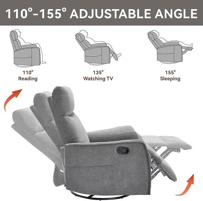 Heated Massage Recliner Chairs for Adults Swivel Rocking Chair Recliner with High Back Small Recliner Chair for Small Spaces Manual Lazy Boy Recliners for Living Room Pockets Fabric (Grey)