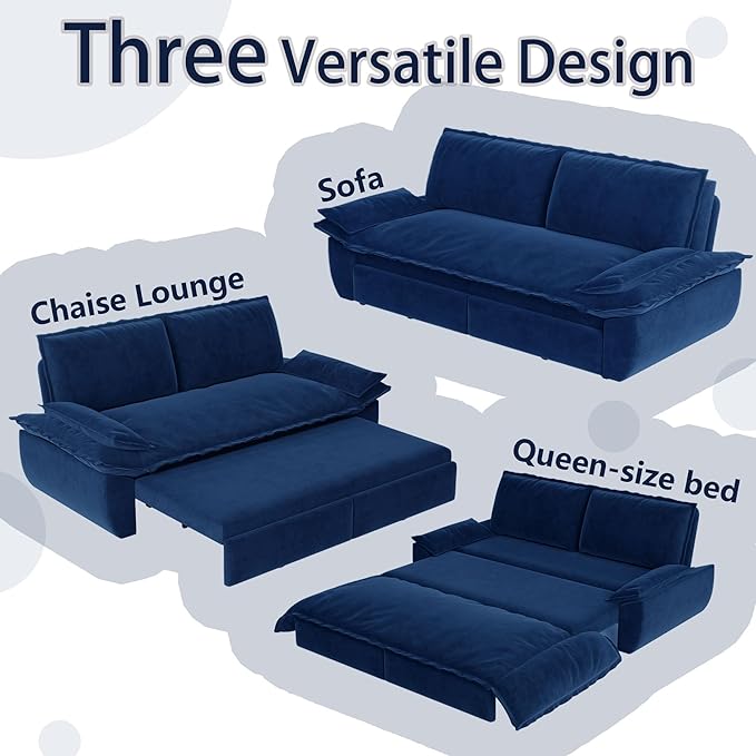 73.2 Queen Size Pull Out Sofa Bed 3-in-1 Convertible Sleeper Velvet Loveseat for Living Room Apartment Bedroom Small Spaces Blue (Mattress &amp Bedding Not Included)