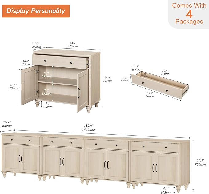 WAMPAT Farmhouse TV Stand for 85 inch TV with 8 Doors and 4 Drawers Wood Universal TV Stand with Large Storage Cabinets Beige Entertainment Center TV Console Table for Living Room Bedroom
