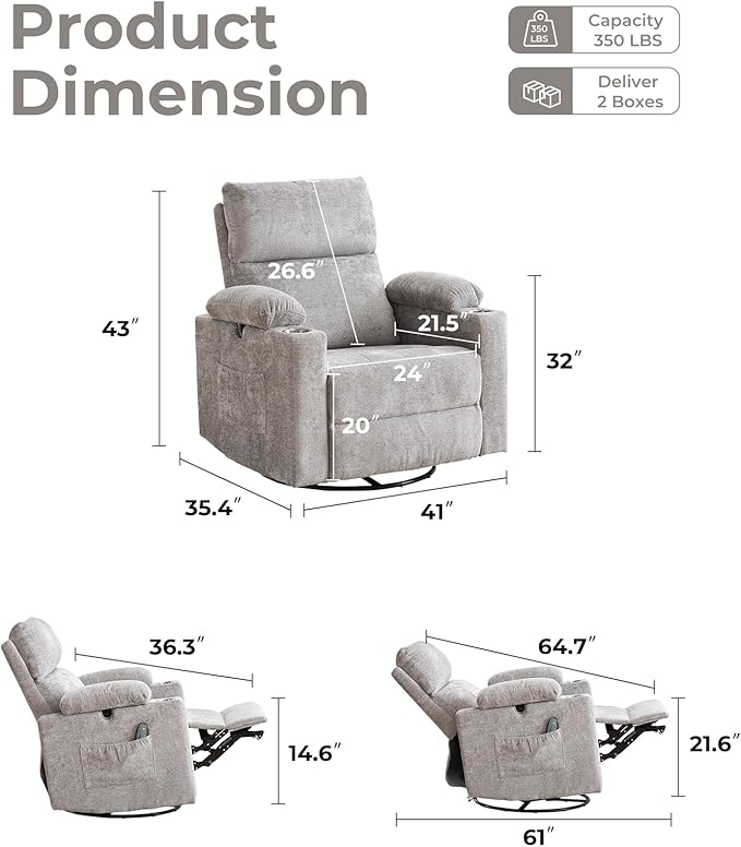 Power Recliner with Adjustable Armrests Rocking Chair Nursery with Massage and Heat Electric Glider Recliner Nursing Chair for Breastfeeding Swivel Rocker Recliner Chenille Light Grey