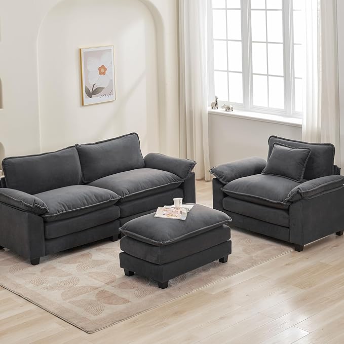 Sectional Sofa Modular Cloud Couch with Ottoman Deep Seat Sleeper Sofas with Throw Pillows Comfy Velvet Single Sofa for Living Room Apartment (Dark Grey Single Seat)