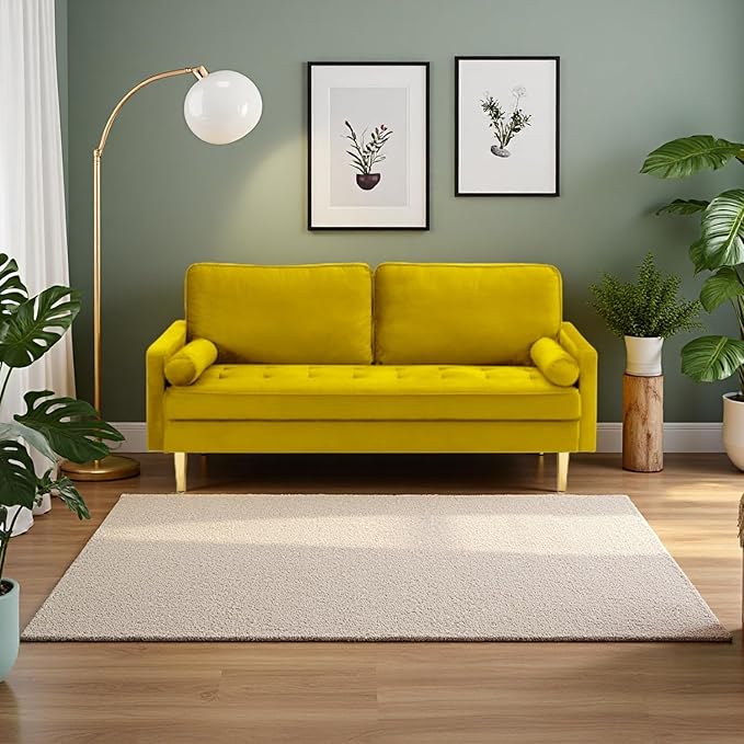 65'’ Velvet Upholstered Loveseat Sofa with Gold Metal Legs Modern Tufted Backrest Couch Solid Wood Frame for Living Room BedroomApartmentOfficeSmall Space (Yellow)