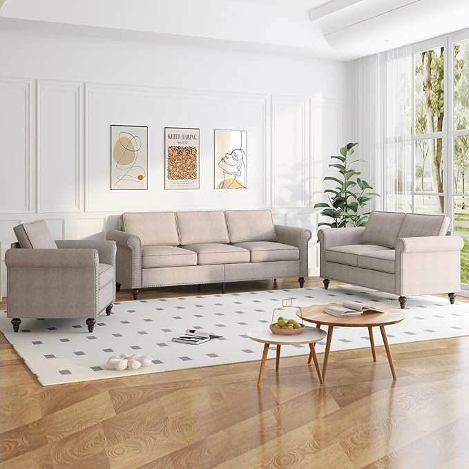 PUREMIND 3 Piece Living Room Sets Furniture Sectional Couch and Loveseat and Armchair Set Modern 3 Seater Sofa + 2 Seater Couch+ Accent Chair Furniture Set for Living Room