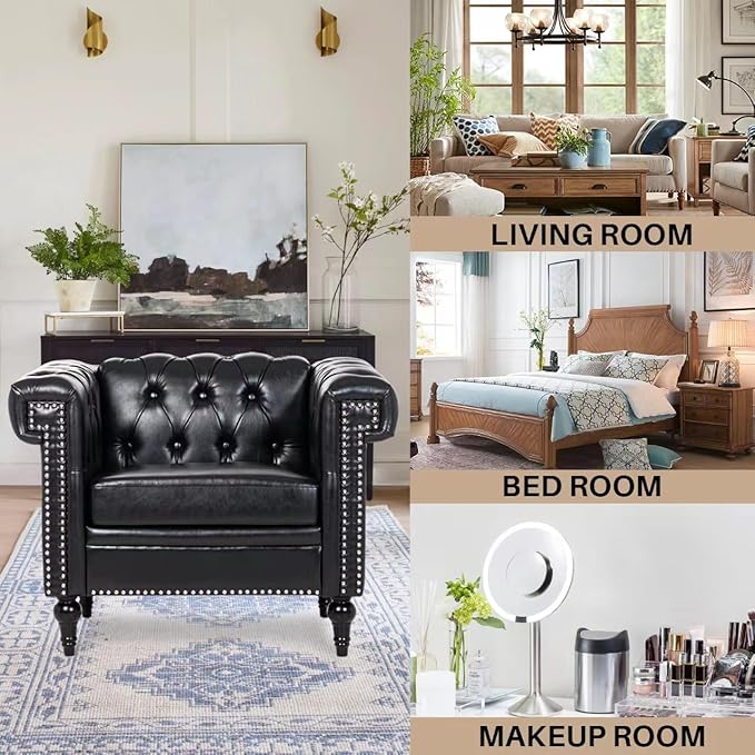 Modern Black Chesterfield Armchair - Faux Leather Upholstery with Tufted Back Club Wingback - Ergonomic Accent Chair for Living Room Office Bedroom Study