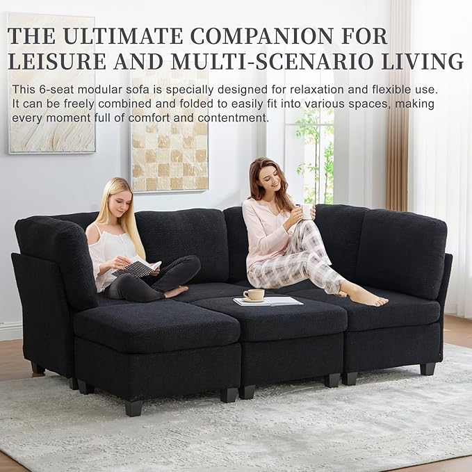 113 Modular Sectional Sofa Couch with Storage U Shaped 4 Seat Couches with Movable Ottoman Freely Combinable Deep Seat Sofa Upholstered Sectional Couches for Living Room Black