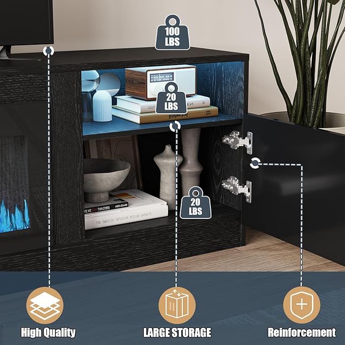 VITESSE TV Stand with 36 inch Electric Fireplace Up to 90 TVs LED Light Entertainment Center 80 Modern Wood High Gloss Fireplace with Highlight Storage Cabinet for Living Room (Black)