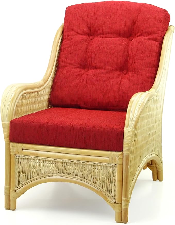 Wickerix Jam Lounge Living Accent Armchair Natural Color Natural Rattan Wicker Handmade Design with Red Cushion