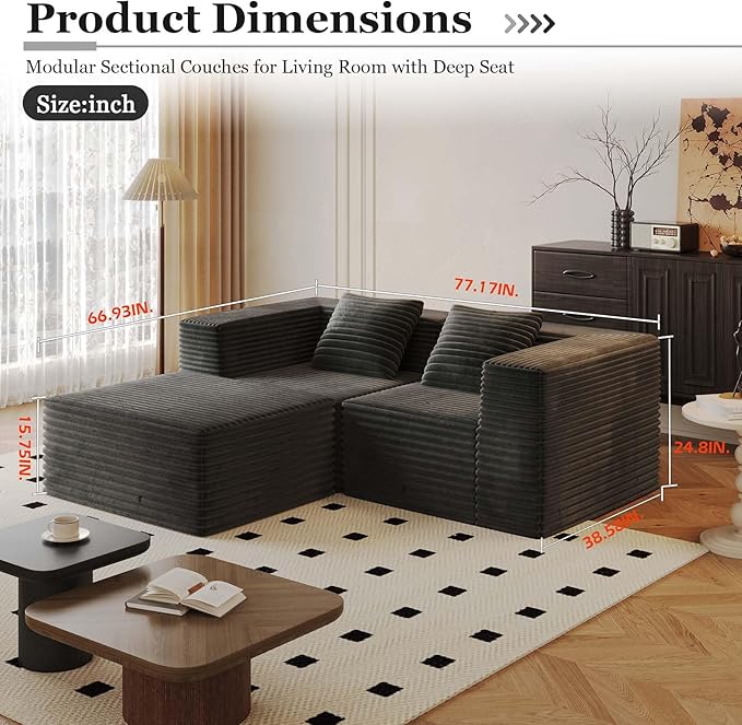 78” Cloud Loveseat Sofa with 2 Cushions Boneless Couches for Living Room Bedroom Small Space Corduroy Sofa in a Box Compressed Memory Foam No Assembly (Grey 78” L-Shaped)