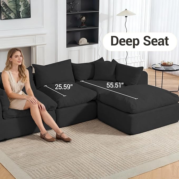 Modular Cloud Couch Sectional Boneless Sofa with Ottoman Deep Seat Fluffy Sectional Couch for Living Room &amp Bedroom No Assembly Required Black