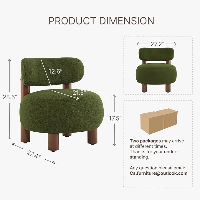 Modern Boucle Accent Chair Set of 2 with Plush Faux Sherpa Upholstery Curved Backrest Solid Wood Legs for Living Room Bedroom Reading Nook 27.5 Green