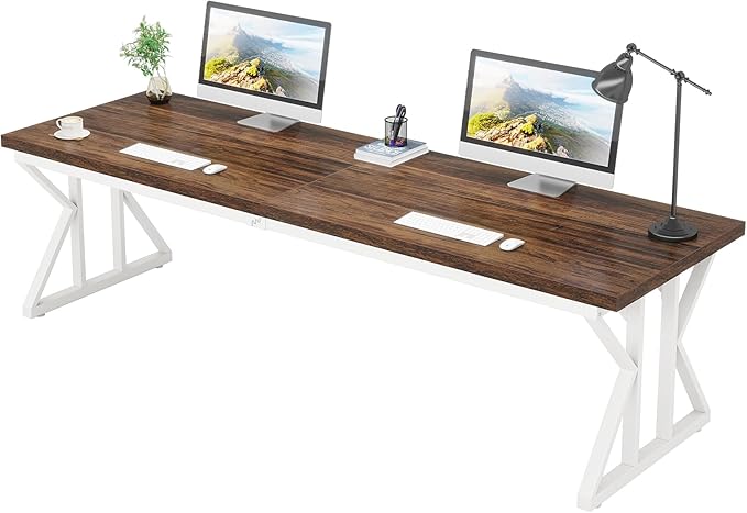Tribesigns 78.7 Inches Long Computer Desk Two Person Desk Large Executive Office Desk Double Desk Study Writing Table for Home Office (Brown/White)