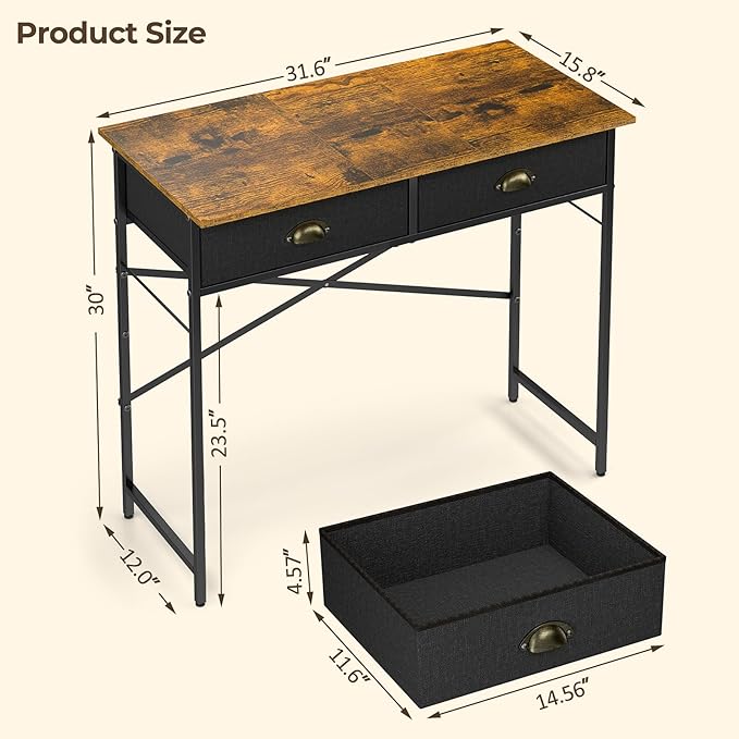 Small Writing Desk for Kids Bedroom 31.5 Inch Computer Desk for Small Spaces Simple Desk with 2 Fabric Drawers for Home Office Dorm Living Room Home Study Table Rustic Brown