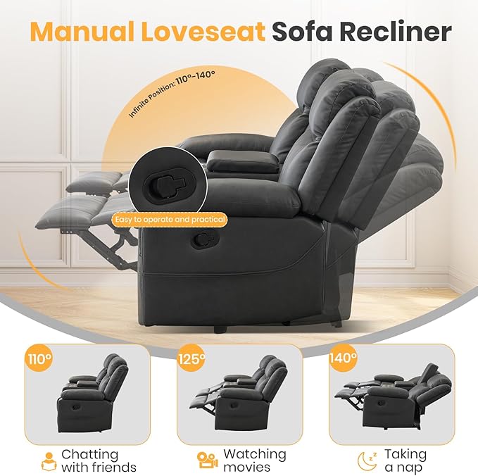 Loveseat Recliner Sofa with Massage &amp Heating Reclining Loveseat with Console RV Wall Hugger Double Loveseat Recliner Couch for Living Room &amp Home Theater (Grey)