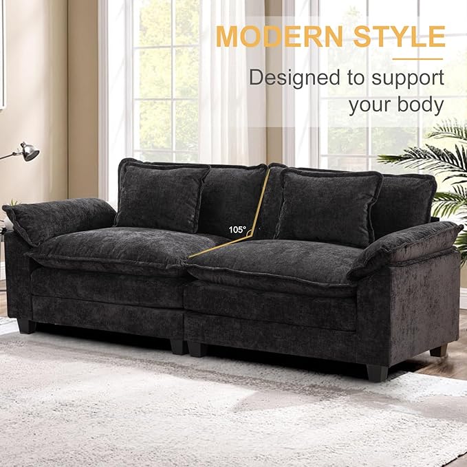 Modular Sectional Sofa 86 L Shaped Couch Set with Movable Ottoman Chenille Comfy Cloud Couch Sectional Set Extra Deep Seat Sofa with 2 Pillows for Living Room (Black 2-Seat &amp 1-Ottoman)