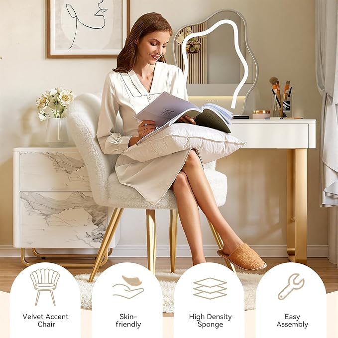 Plush Velvet Sherpa Accent Chair with Gold Metal Legs Fluffy Vanity Chair for Makeup Room Upholstered Guest Chair for Living Room for Bedroom Cream White