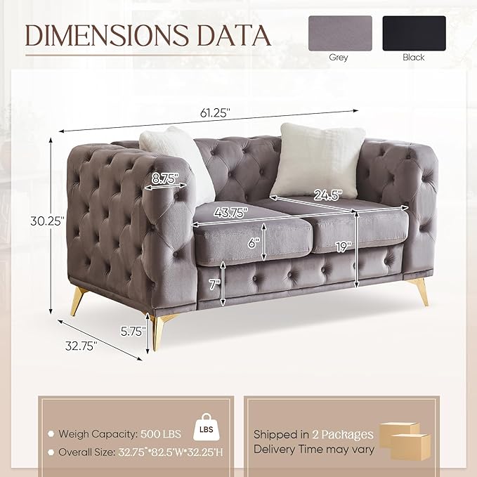 Mid Century Modern Loveseat Couch61W Luxury Upholstered Velvet Small Couch with Button Tufted &amp Gold Legs Deep Seat Comfy Chesterfield Sofa for Living Room Bedroom Office(2 Seater Grey)