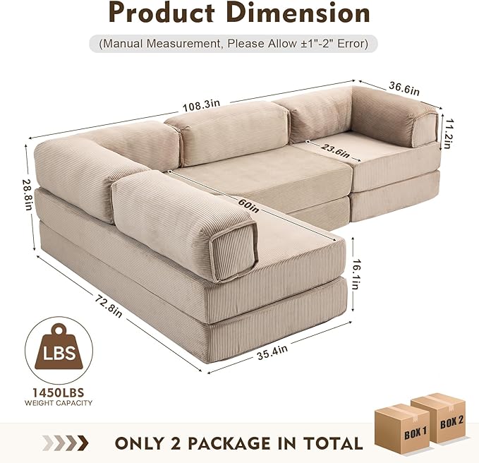 108 L Shaped Couch Modular Sectional Sofa with Chaise Cloud Boneless Couch with Deep Seat &amp Removable Pillow for Living Room BedroomNo Assembly Required（Camel）