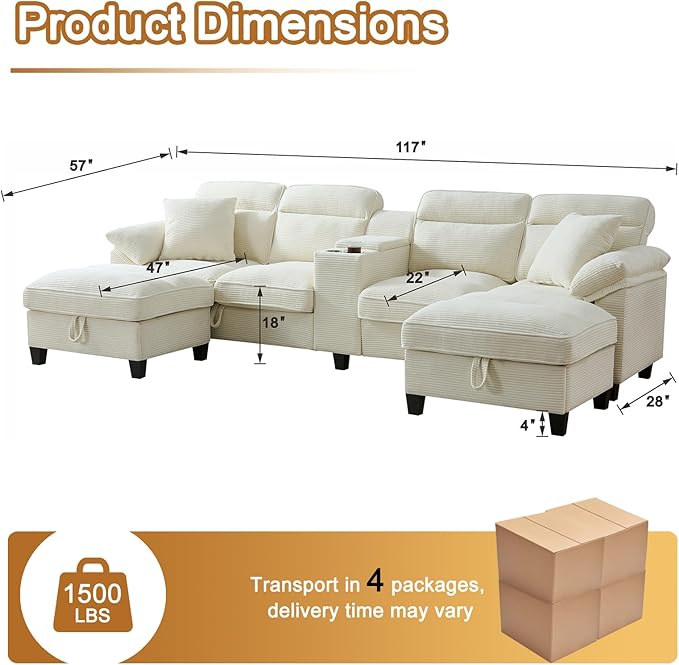 117 Inch Sofa CouchSectional Couches for Living Room with 2 Cup HoldersCorduroy Modular Sectional Sofa with Movable and Storable Ottoman.（Beige）